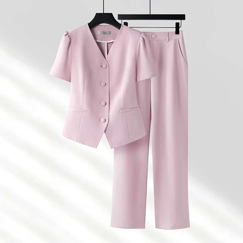 粉色西装套装女小个子夏季薄款美容院工作服女高端养生馆短袖西服