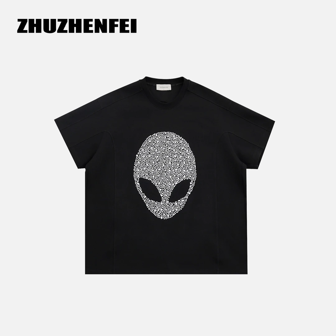 ZHUZHENFEI【星夜织纹】黑色烫钻短袖圆领宽松上衣T恤Z353033