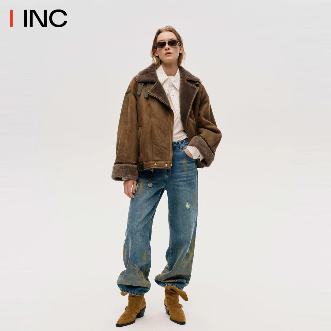 ICEDUST 皮毛一体反绒夹克女25FW秋冬新款纯色翻领开衫外套IINC