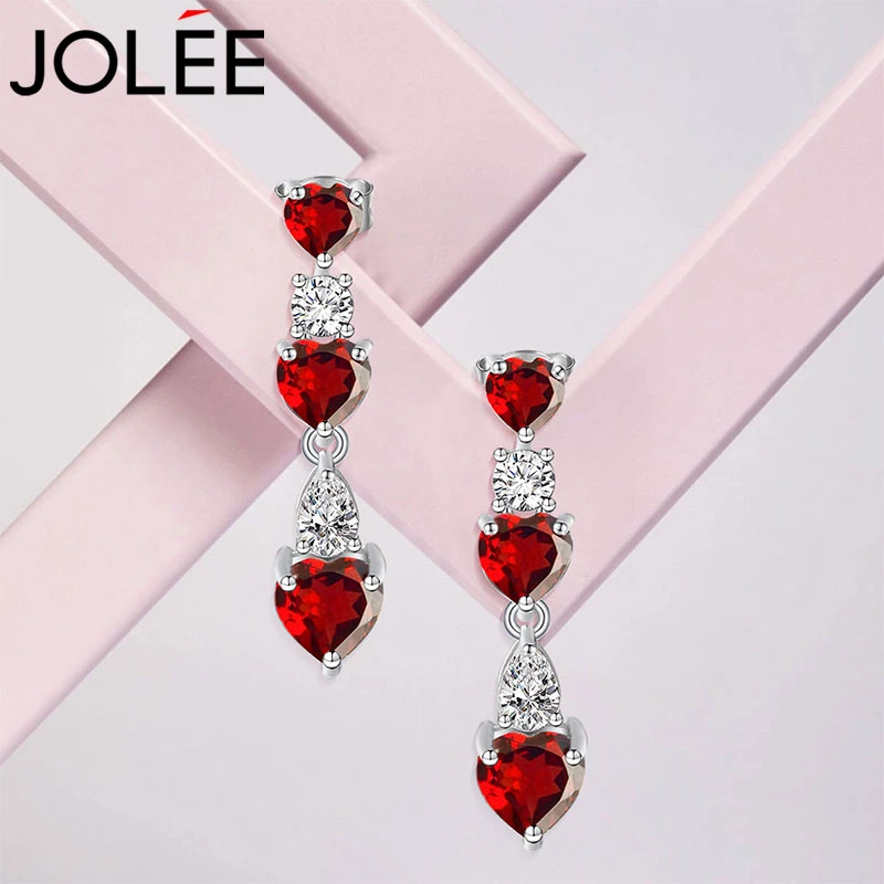 Jolee耳钉女S925银酒红石榴石彩宝爱心耳饰品耳坠送女士节日礼物