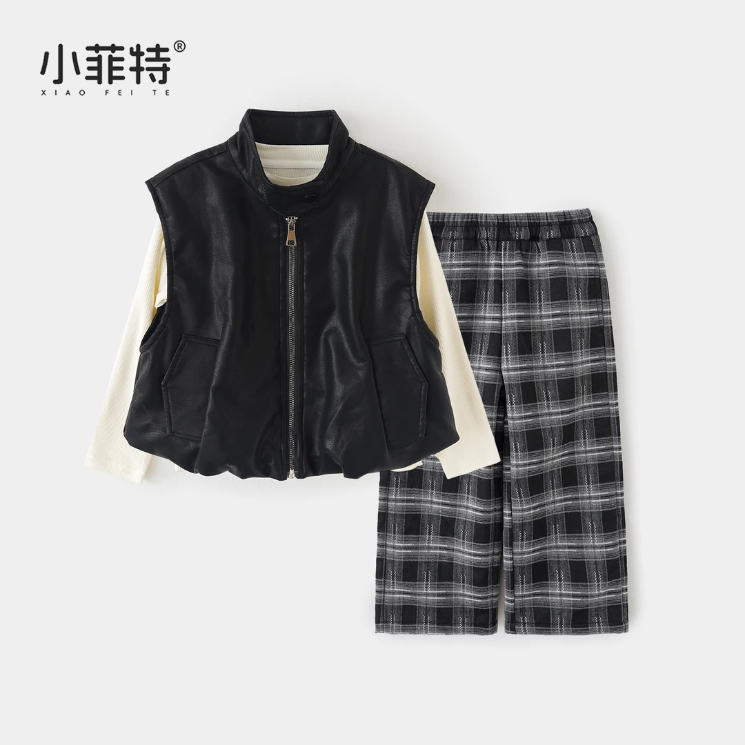 【马甲+T恤衫+长裤】小菲特女童秋装儿童皮衣背心三件套BGTQ52960