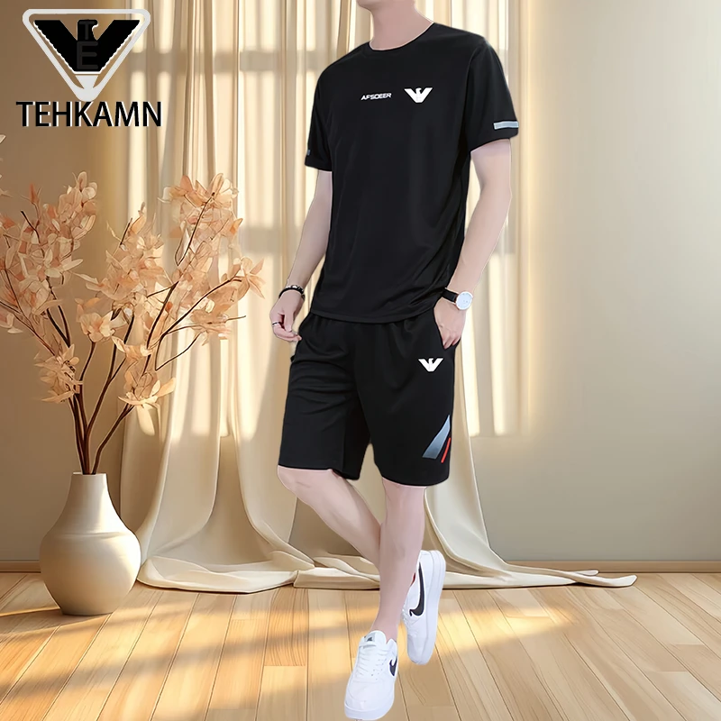 男士夏季新款运动休闲短袖短裤套装时尚潮流透气薄款舒适运动服男