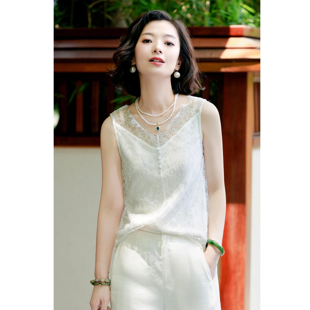 西子/【睫毛蕾丝】重磅醋酸蕾丝拼接假两件夏季吊带背心/DDTJ087