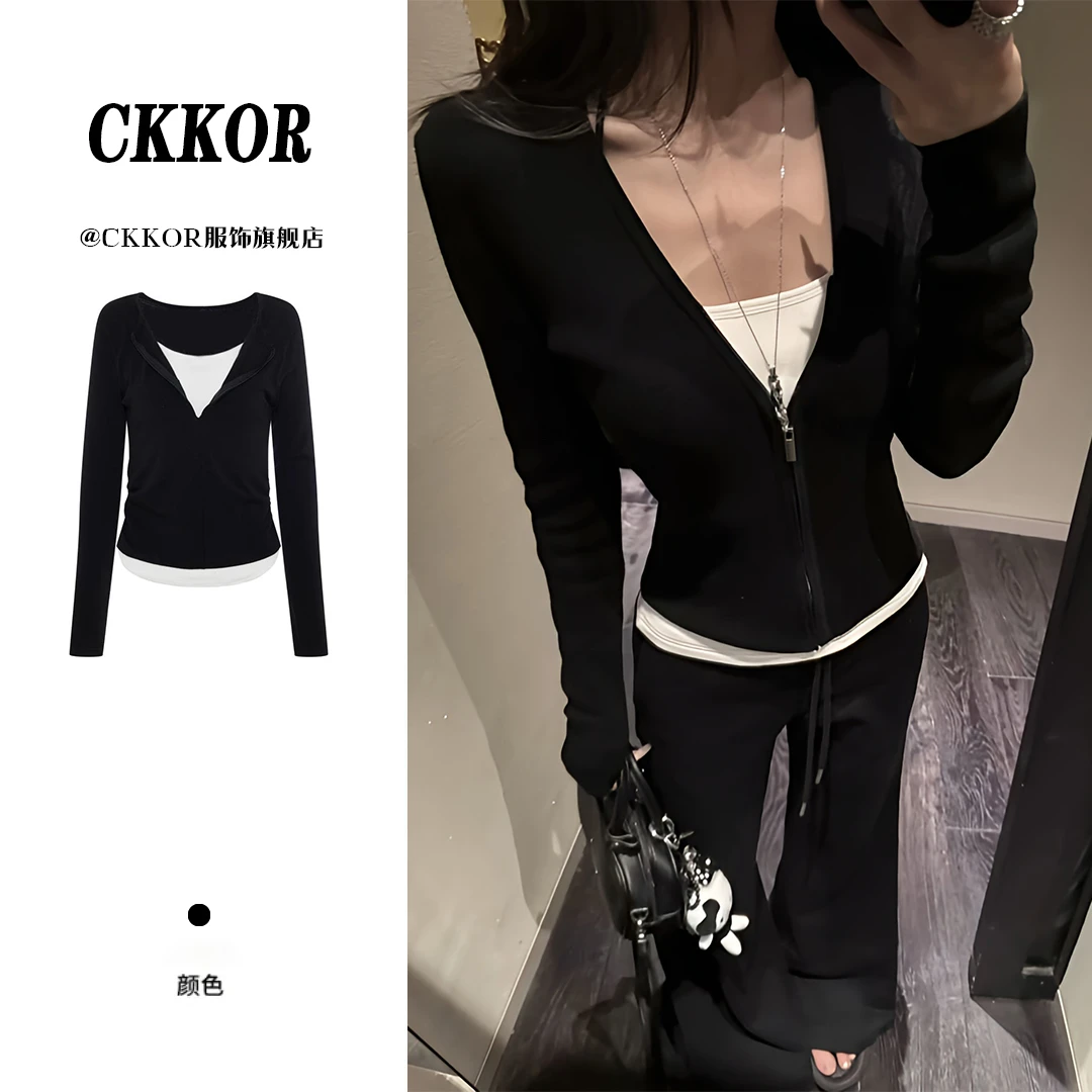 CKKOR早秋薄款洋气假两件长袖t恤女韩系辣妹修身显瘦休闲时尚套装