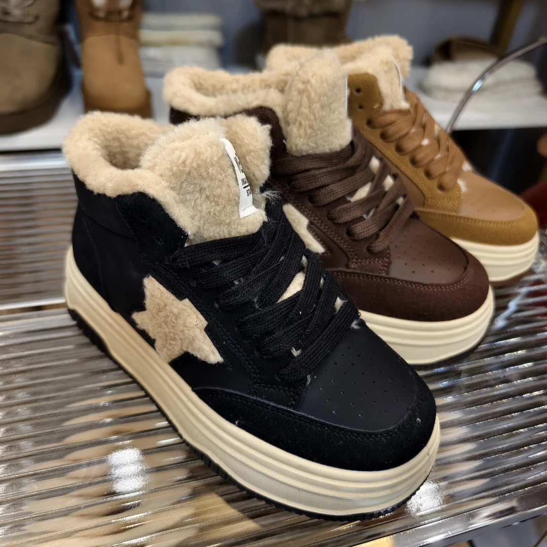 6609-2秋冬女士系带高帮鞋鞋子冬季厚底运动加厚纯色潮流93双