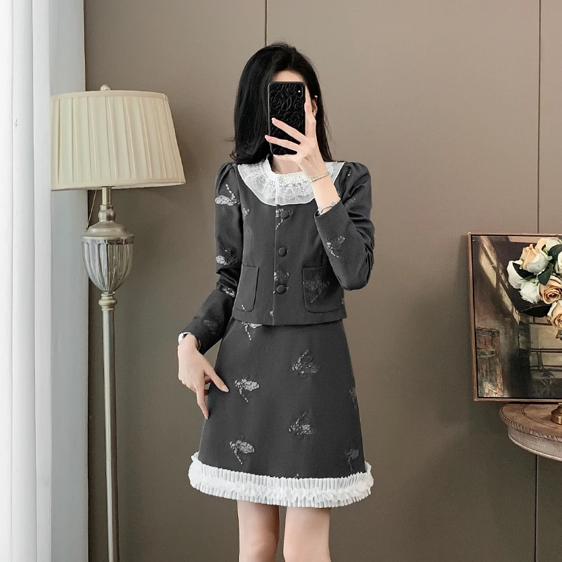 学院风刺绣外套背心裙两件套女春秋季新款气质百搭减龄套装小个子