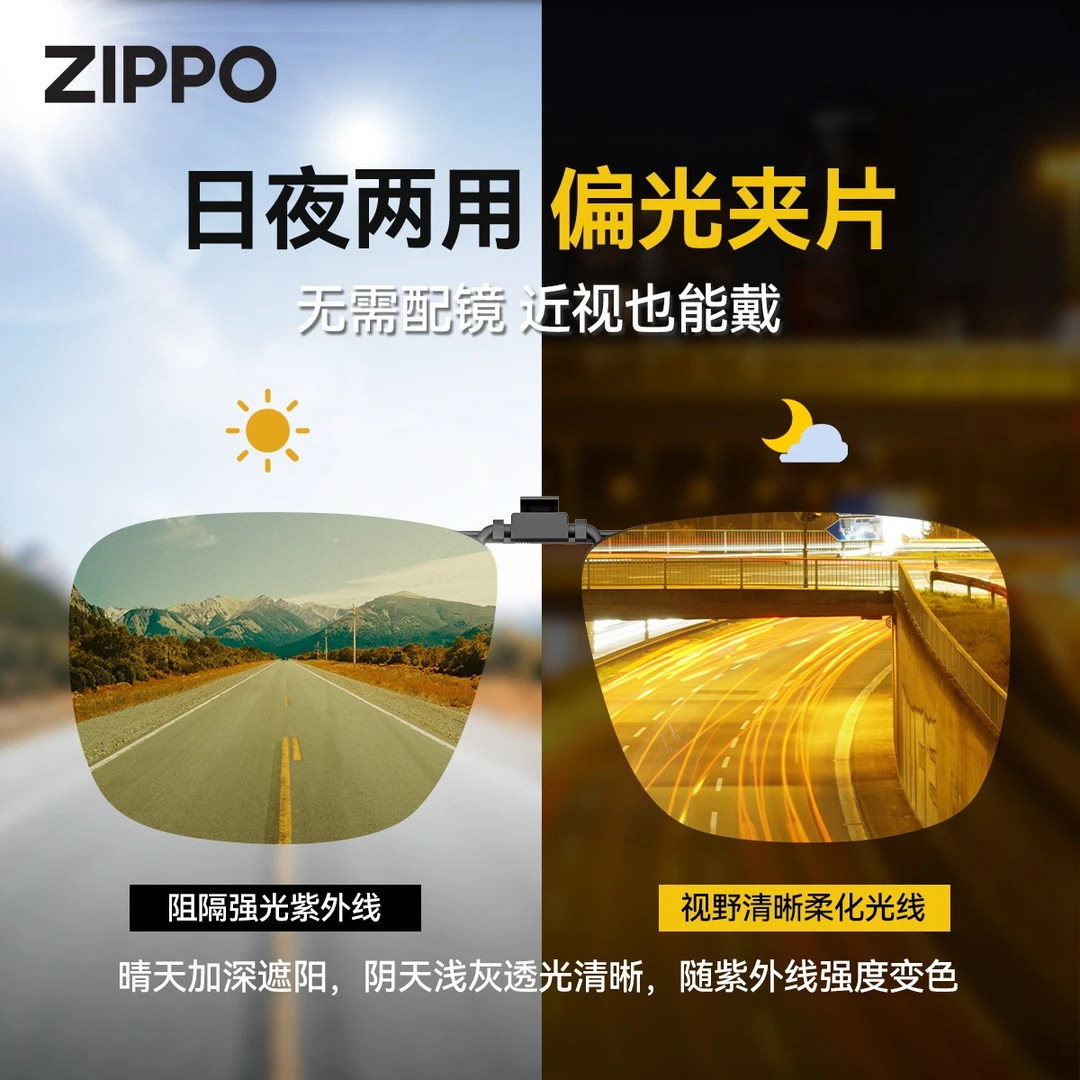 ZIPPO变色夜视太阳镜夹片偏光近视驾驶开车钓鱼男防远光高清增亮