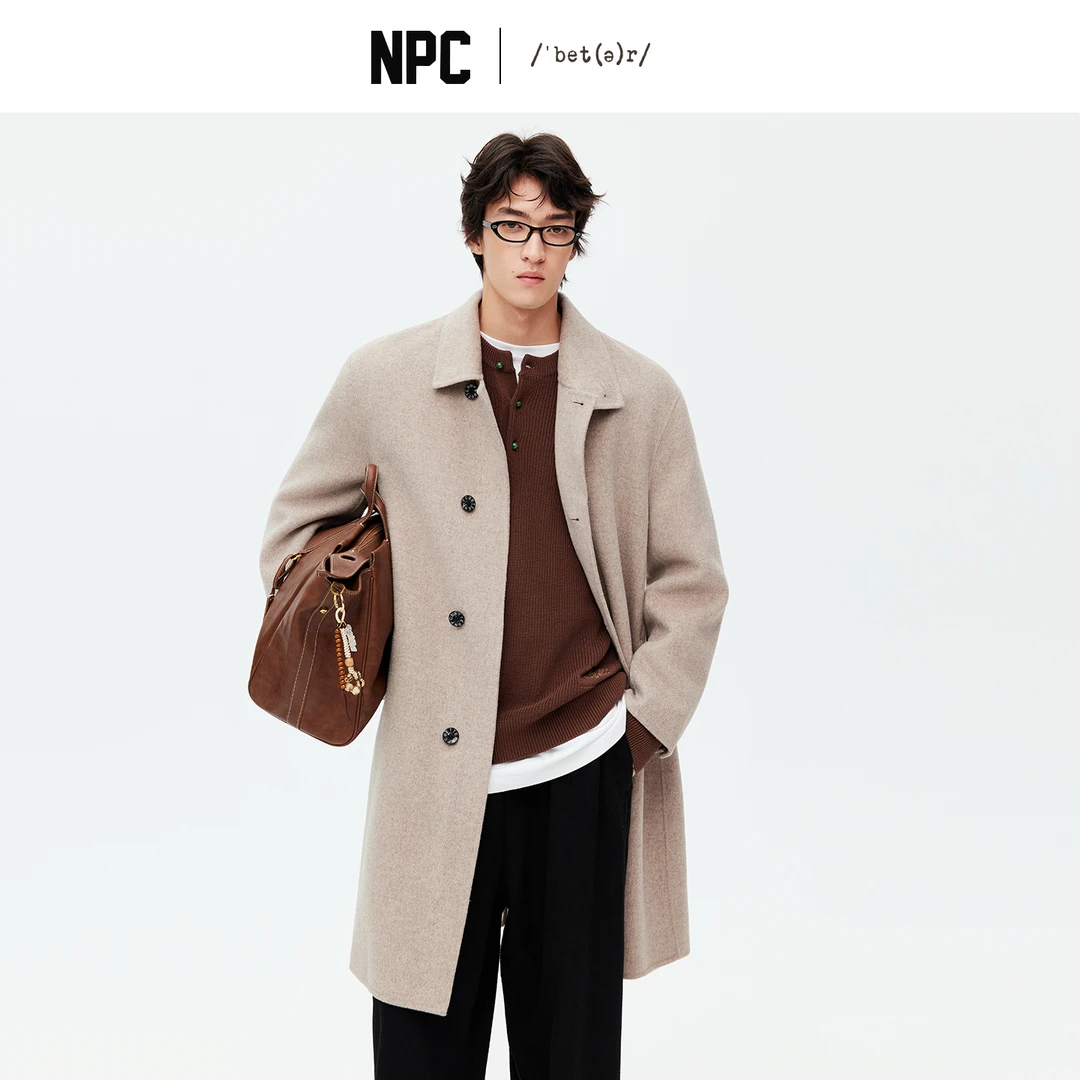 NPC潮牌100%绵羊毛翻领长款毛呢大衣单排扣男女下摆开衩NP58WC32