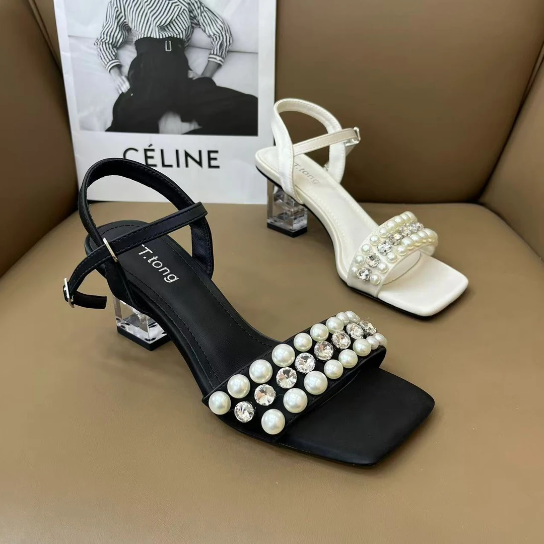 2025夏季新款女鞋时尚一字带中控时装凉鞋水钻珍珠水晶跟凉鞋