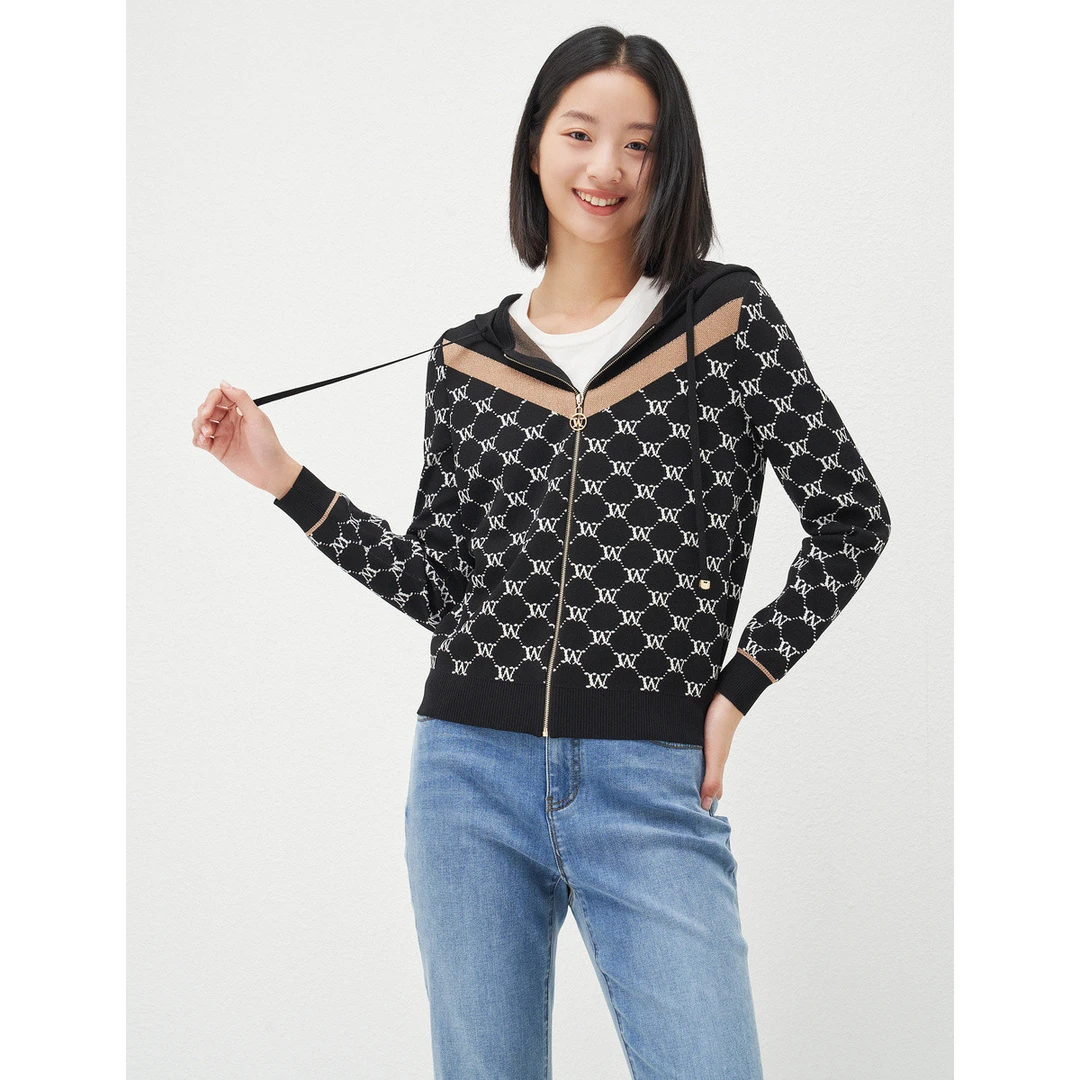 【众心专享价】格纹拉链春夏连帽针织衫外套女EI00281W0 EI00295Q7