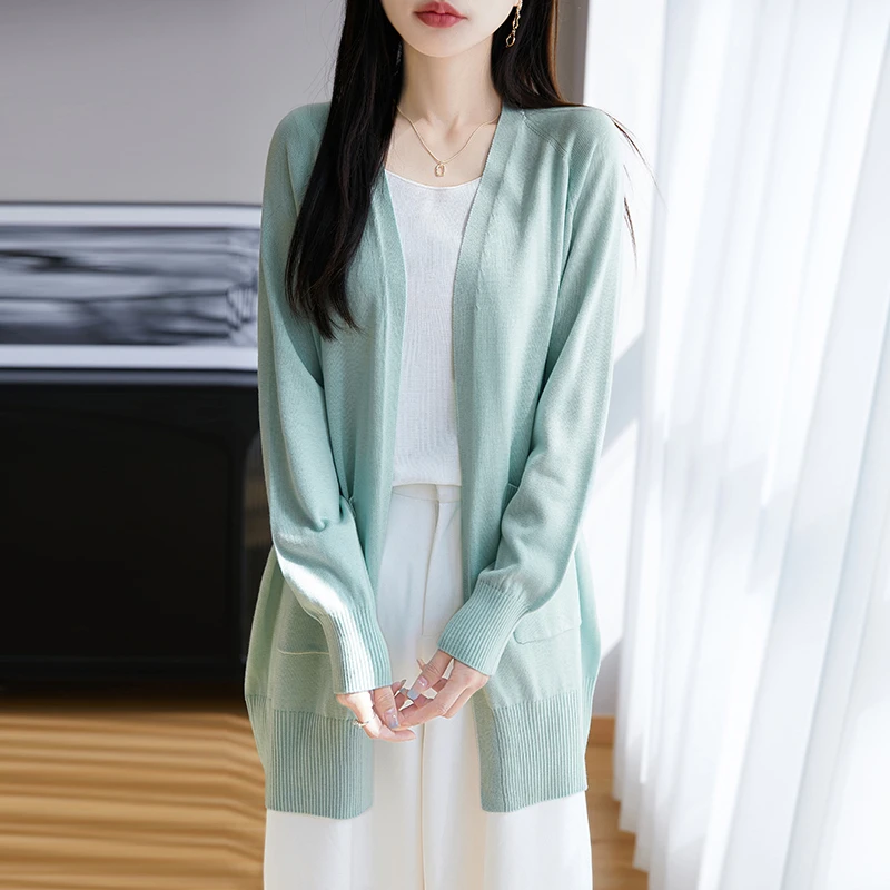 慵懒风精纺针织开衫薄外套女春夏2025新款外搭披肩中长款大码上衣