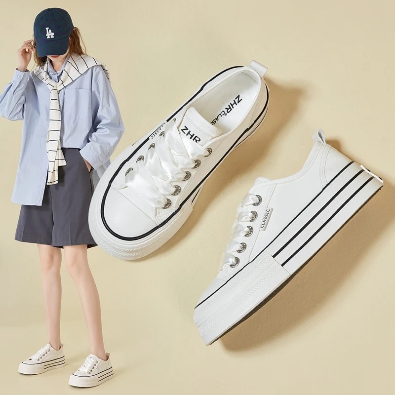 厚底小白鞋女轻盈百搭时尚夏季休闲板鞋软底透气帆布鞋韩版低帮女