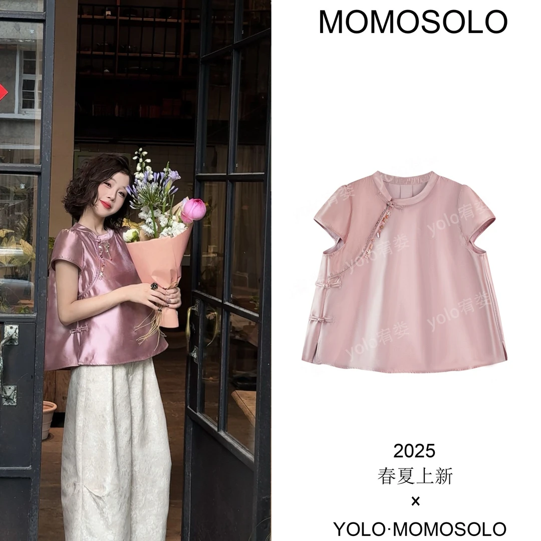MOMOSOLO•千金•2025夏原创极光鎏金缎手工刺绣中式短袖上衣YM2186