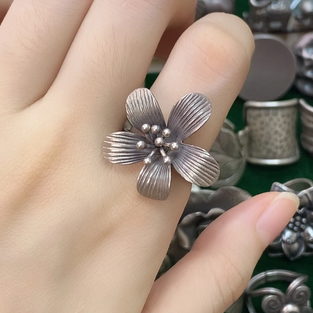 无合金925纯银泰国清迈纯手工可调节小花戒指