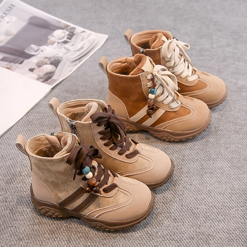 2025冬季真皮女童拳击靴双色鞋带儿童短靴复古休闲运动马丁靴潮