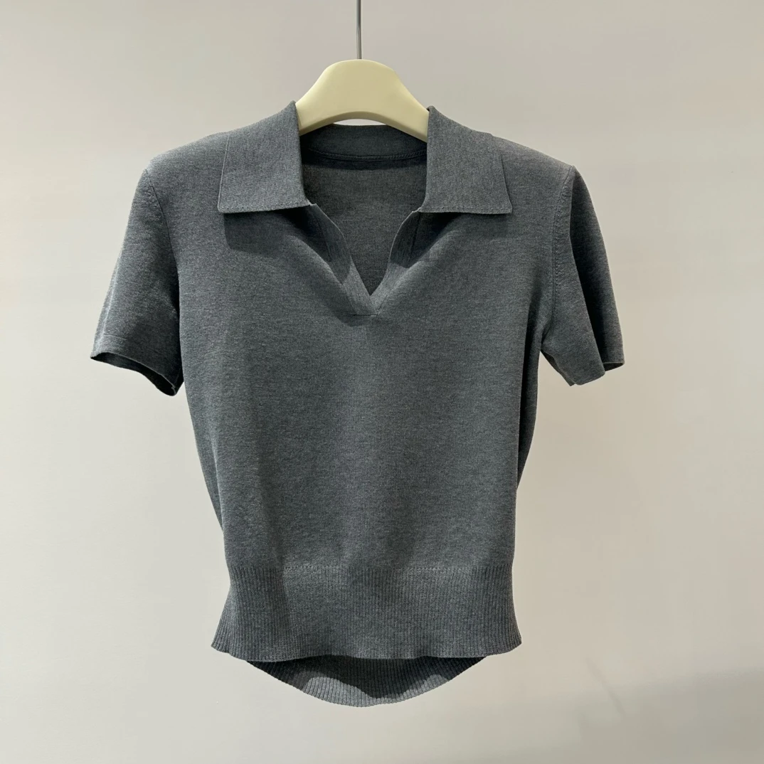 针织短袖-气质显瘦POLO领灰色针织衫Y3103