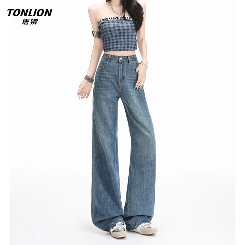 唐狮美式简约复古蓝阔腿牛仔裤女秋季高腰宽松窄版直筒垂感拖地裤