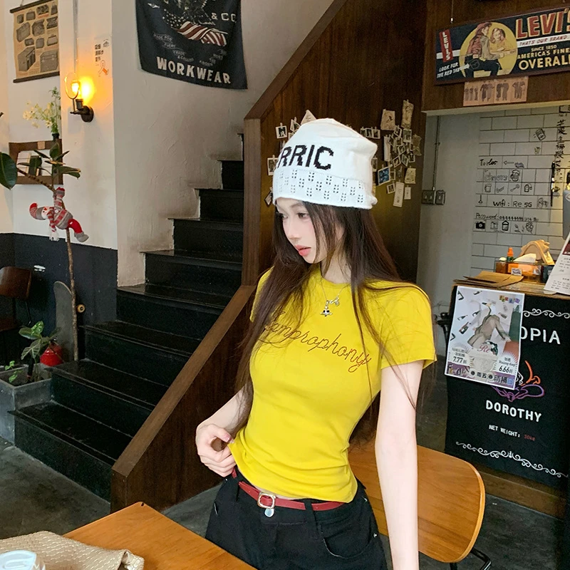 烫钻短款短袖INS风字母常规款T恤夏季百搭可爱风显瘦美式