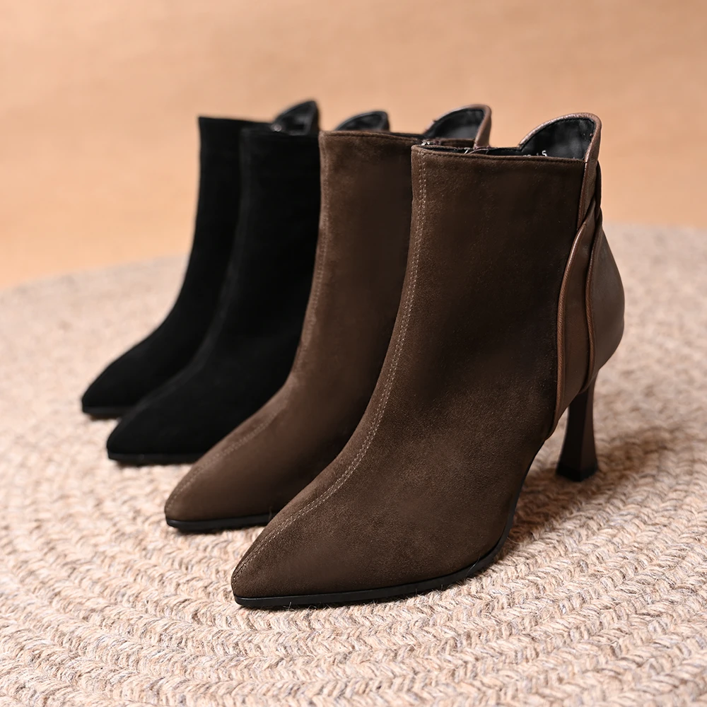 真皮羊皮尖头细跟短靴女秋冬新款绒面拼接百搭侧拉链高跟时装靴