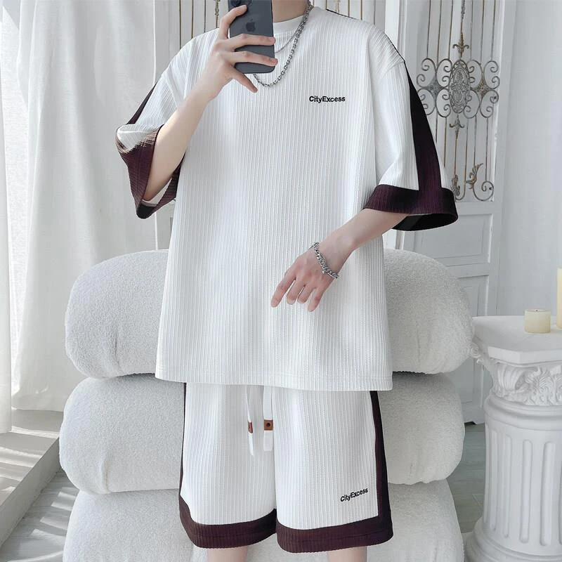 冰丝男士套装夏季宽松休闲男装一套搭配帅气运动速干短袖t恤短裤