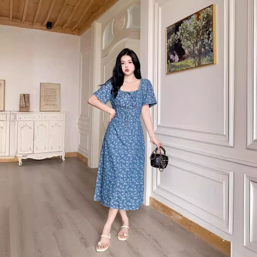 欧若风夏季新款温柔气质连衣裙胖mm修身显瘦提花牛仔长裙子