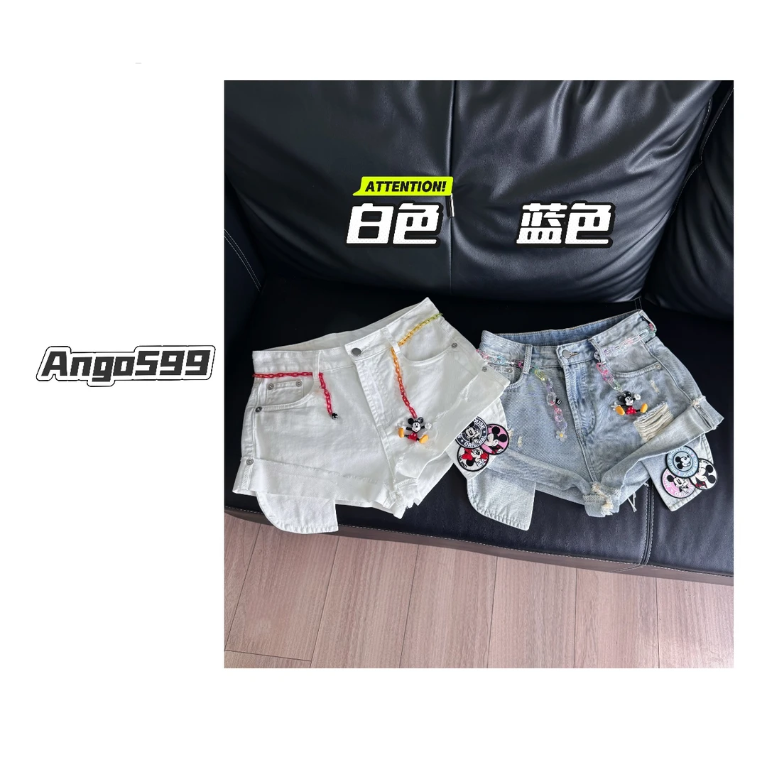 徽章米奇* 客供订单设计感贴布刺绣高腰辣妹牛仔短裤配米奇腰链