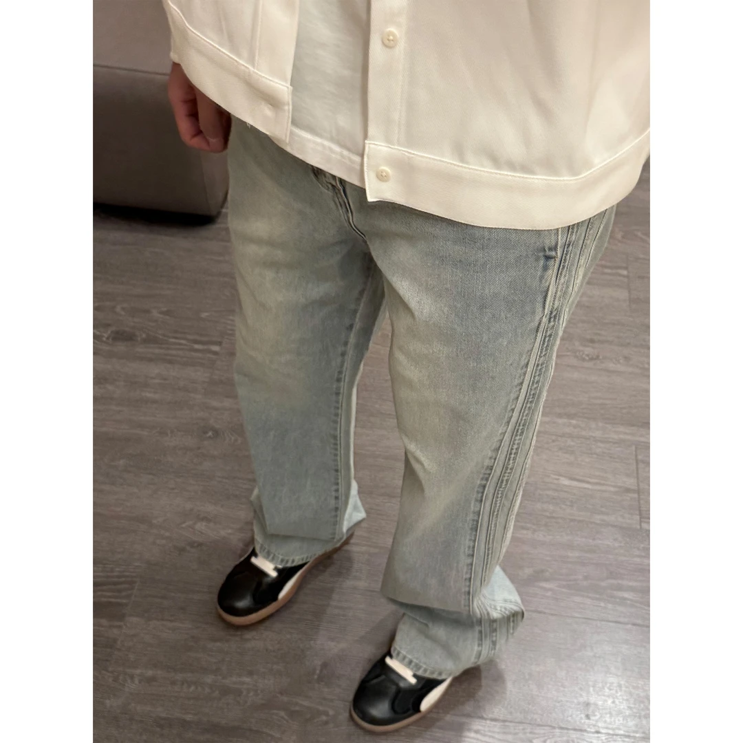 SANBAI叁佰【黄泥轨迹】侧缝条纹复古泥染工艺微喇牛仔长裤