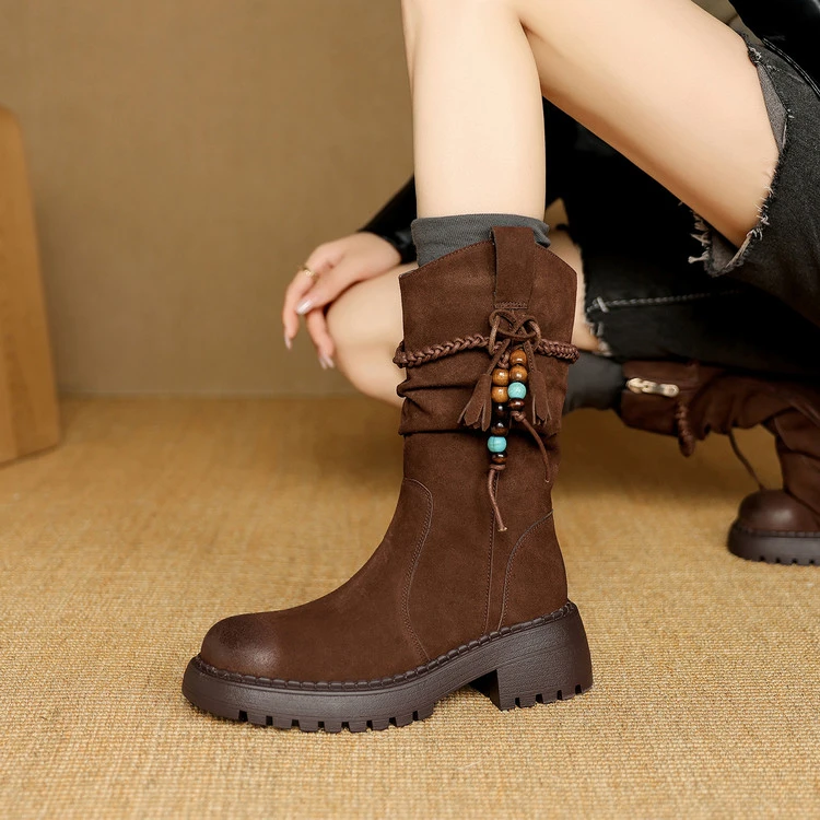 牛反皮5cm～厚底中筒短靴复古厚底西部靴中筒堆堆靴粗跟新款时装靴
