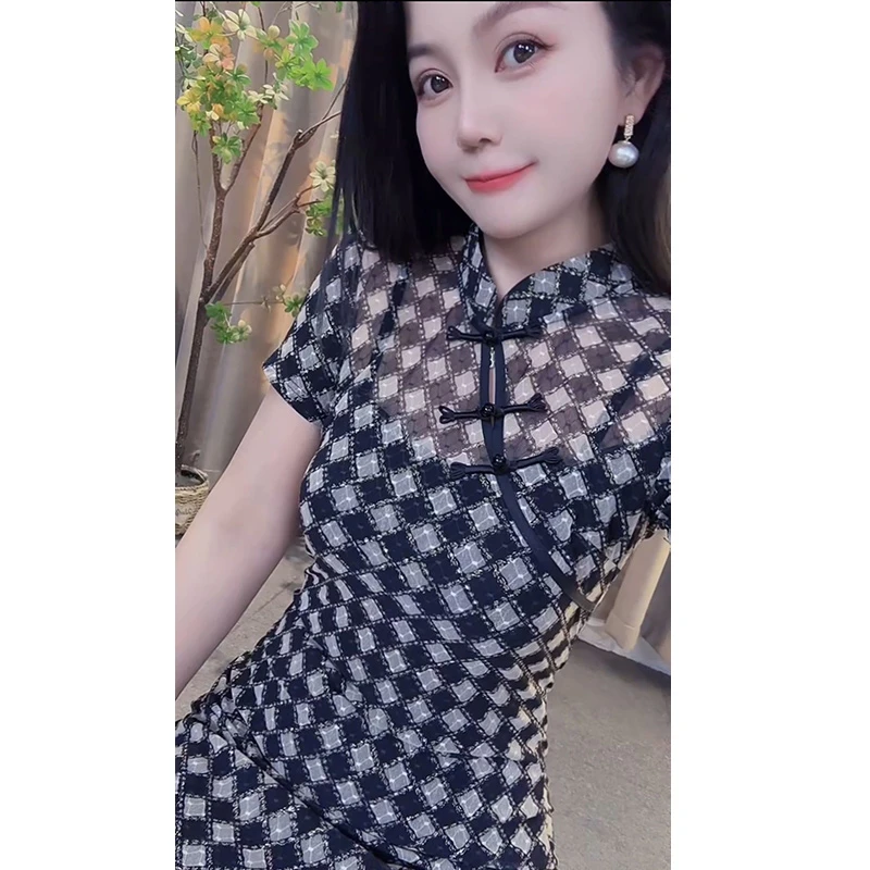 旗袍斜襟开衩薄款常规款旗袍复古裙子时尚格子洋气显瘦连衣裙