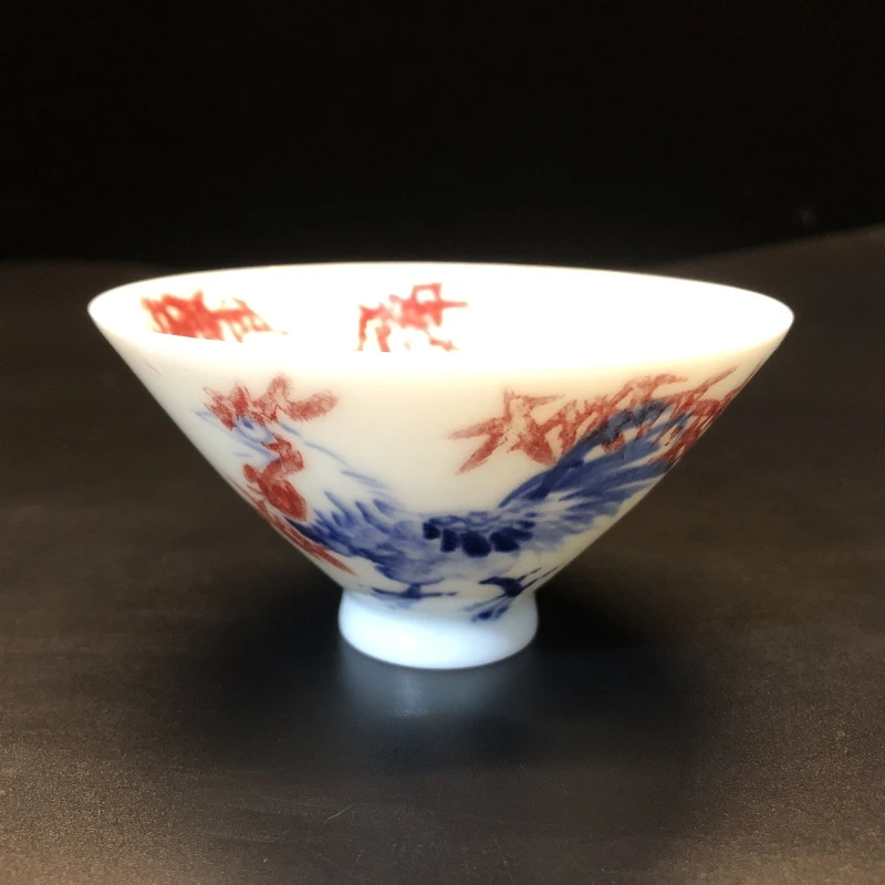 1.4a/N100130/00739/东客/青花釉里红公鸡斗笠杯/口径9.1高5/85cc