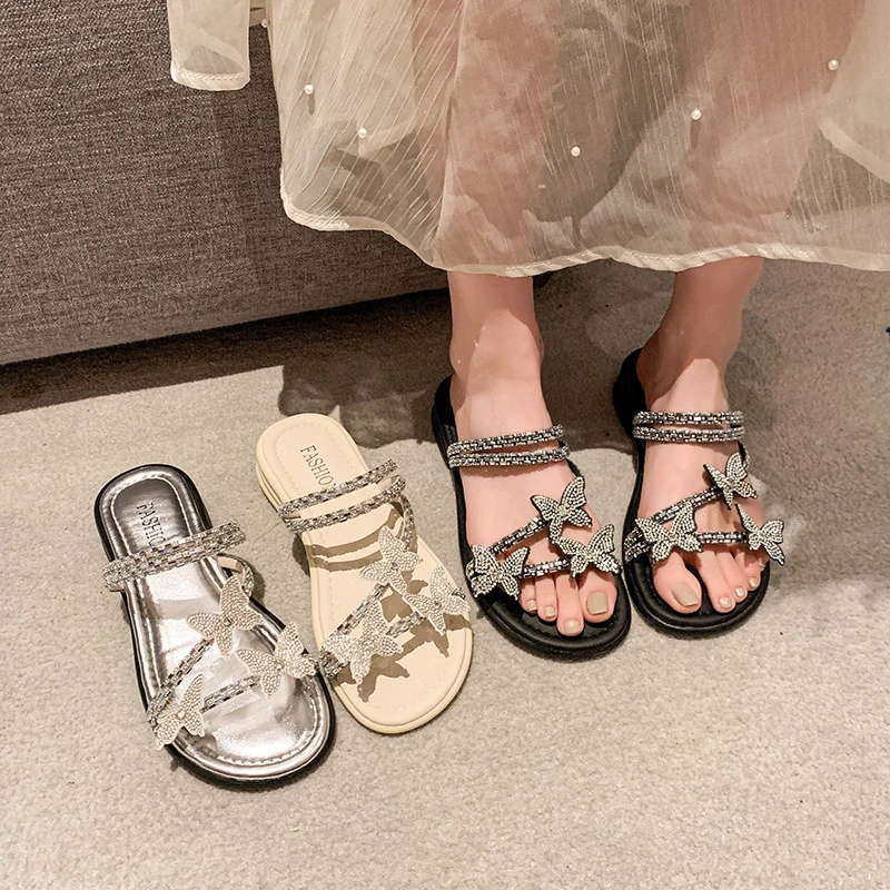 凉拖鞋女外穿2025年新款夏季蝴蝶水钻带沙滩鞋百仙女风平底凉鞋