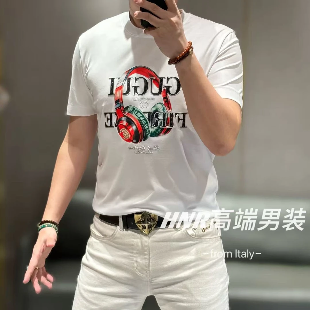 立体激光切割硅胶奥钻点缀音乐耳机莫代尔长绒棉混纺T恤55099