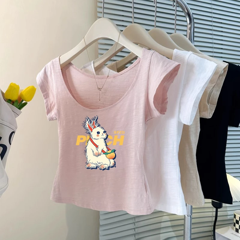 竹节棉打底衫U领舒适短袖时尚夏装印花短袖T恤短款显白修身短袖女