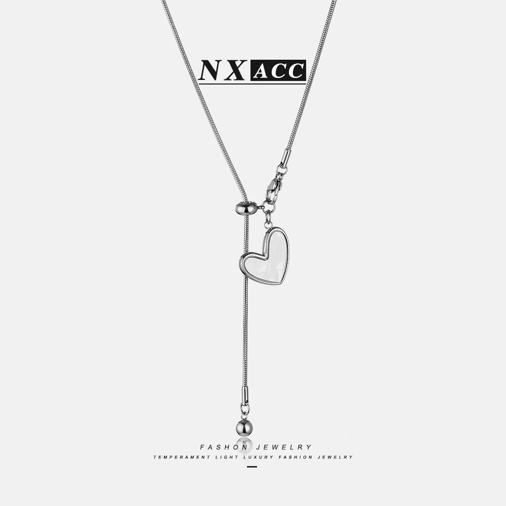 钛钢项链 X-1119ins冷淡风抽拉流苏爱心吊坠项链女秋冬长款毛衣链
