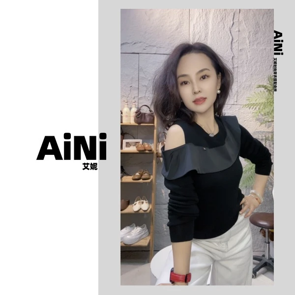 《艾妮家》欧货荷叶边单漏肩长袖针织上衣