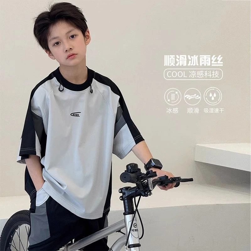 男童中大童运动套装时髦洋气拼接撞色速干面料字母儿童短袖两件套