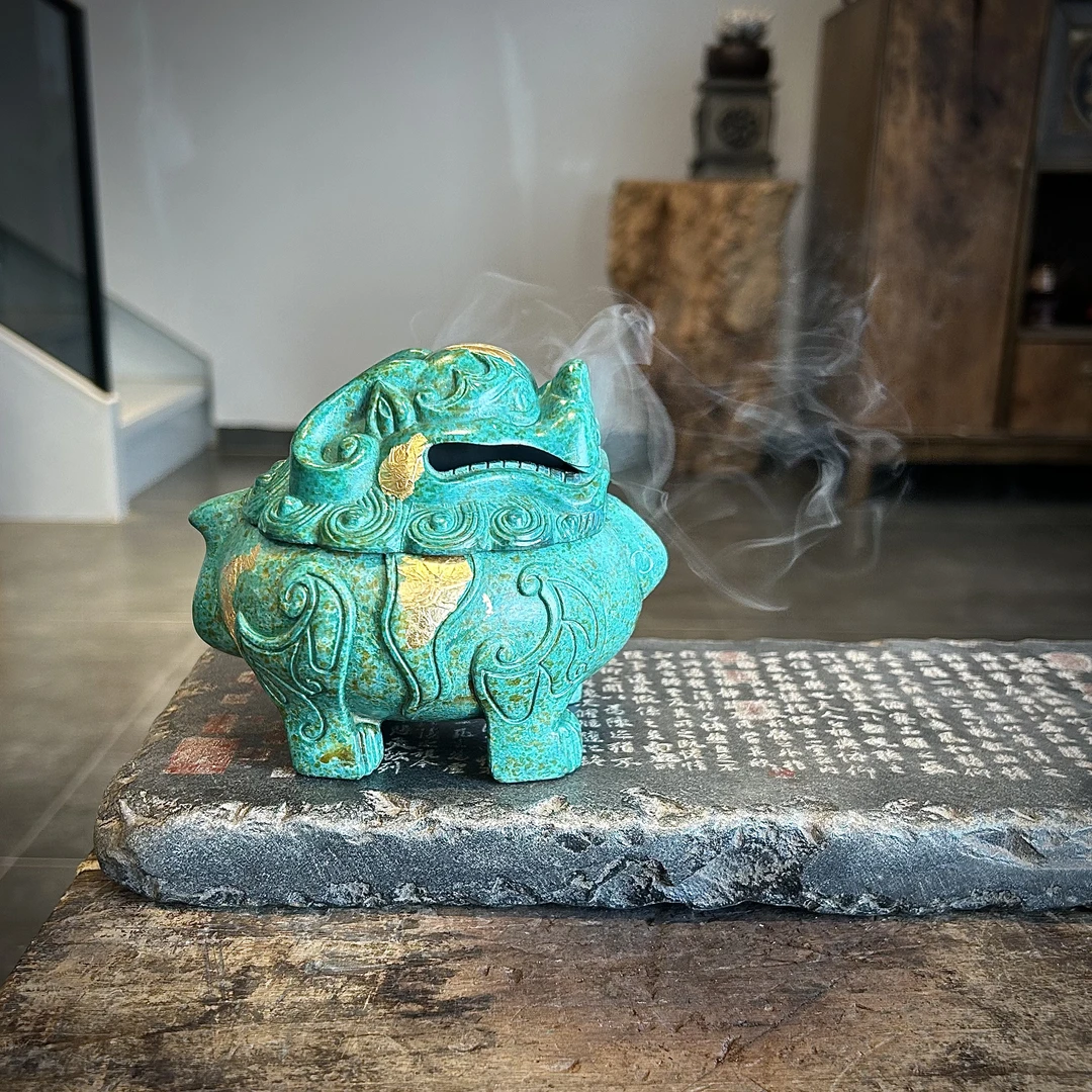 遇见.绿色金箔狻猊香炉盘香炉茶道配件