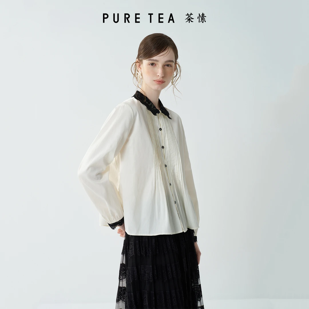 【智性通勤】puretea茶愫撞料蕾丝翻领韵律打条长袖衬衫女25秋新
