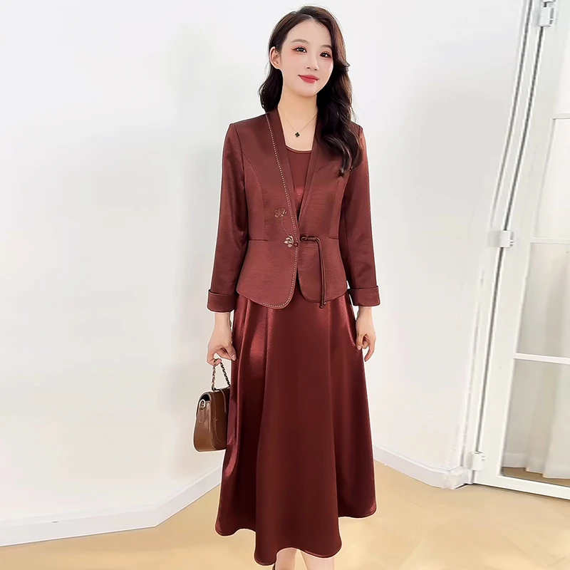 新中式国风七分袖外套冰丝缎连衣裙两件套套装女夏季高级感