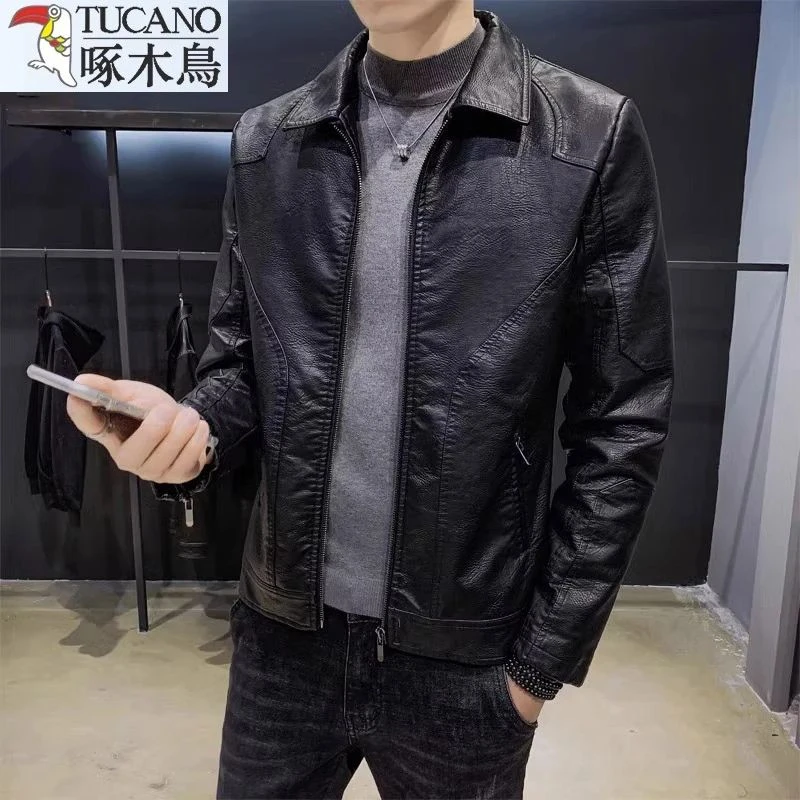 啄木鸟男士2025秋季新款皮衣时尚潮流修身立领夹克休闲百搭外套