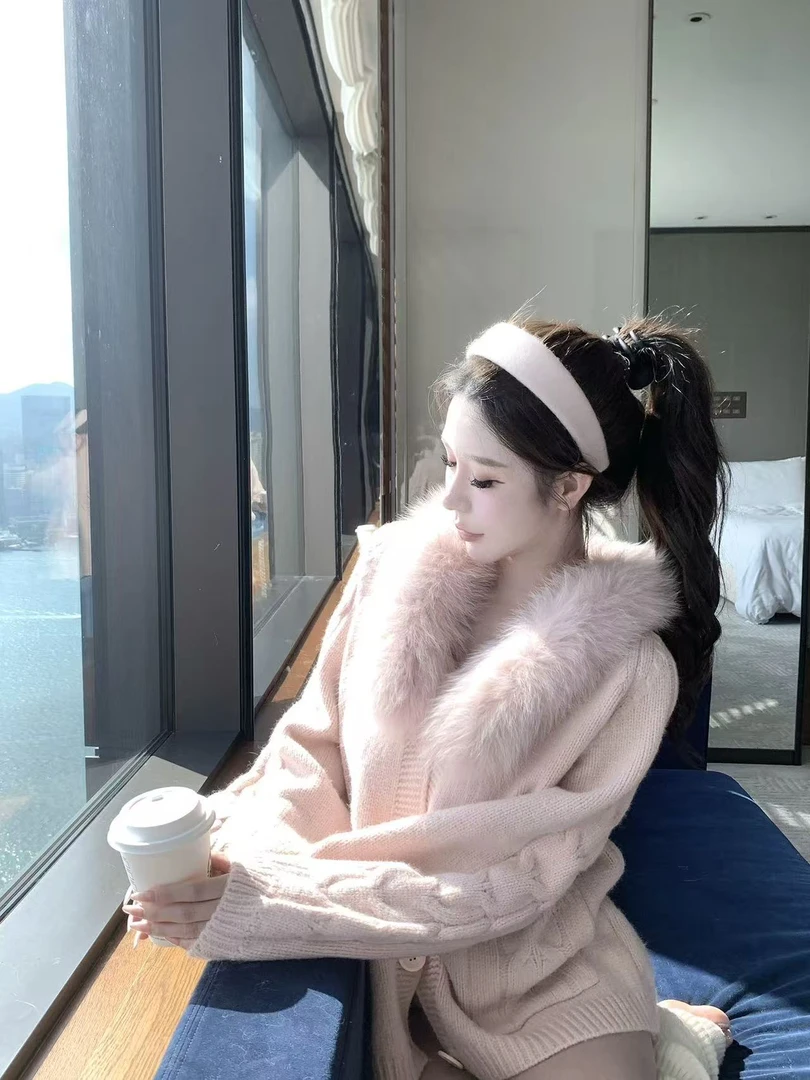 【娇羞奶狐】秋冬新款高级感定染毛毛针织开衫女宽松气质毛呢外套女