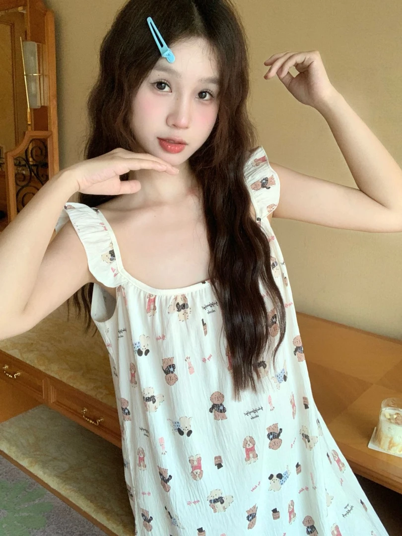 7003夏季大码宽松睡衣女吊带睡裙卡通可爱甜美薄款可外穿家居服