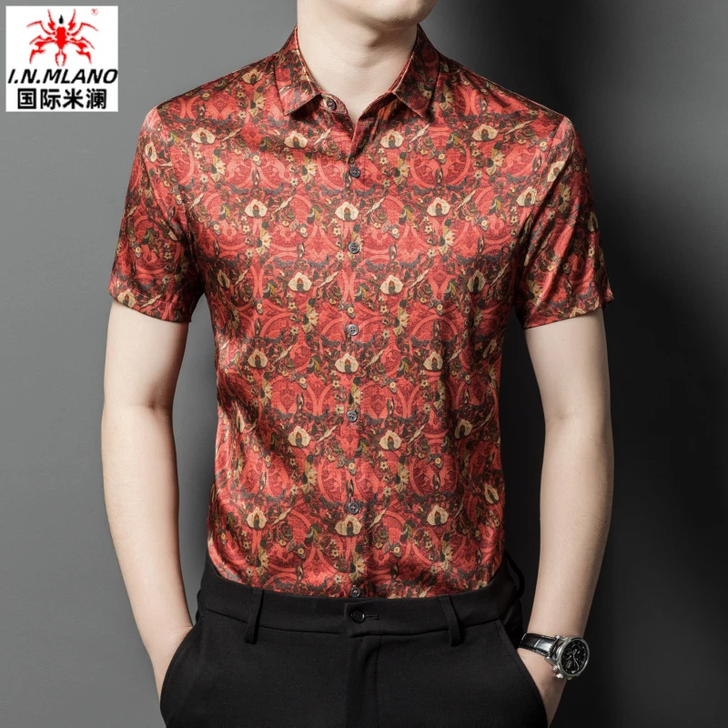 桑蚕丝花衬衫短袖男宽松薄潮流高档中年大码新款短袖印花衬衣男装
