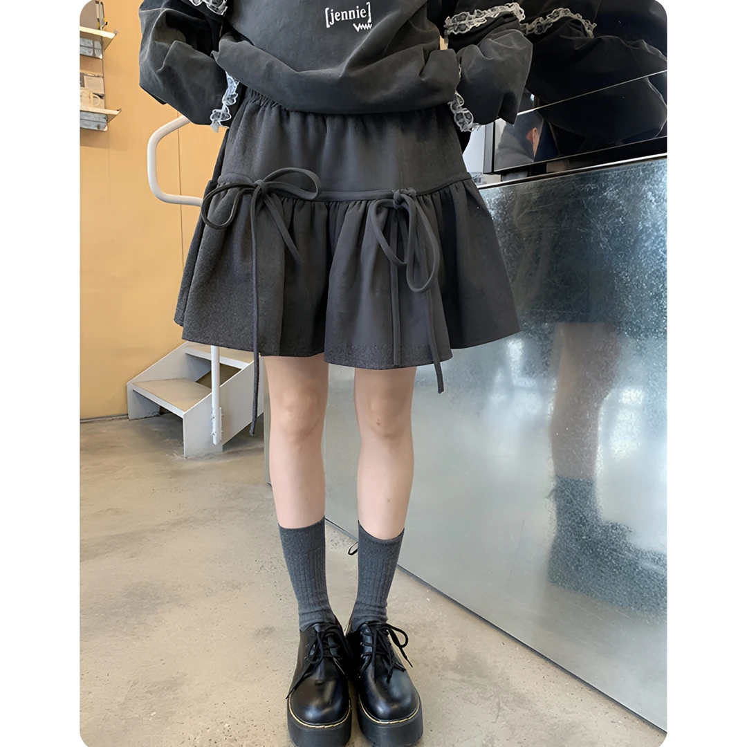 灰色俏皮少女风蝴蝶结绑带毛呢秋冬季显瘦半身裙灰色A字jk短裙女