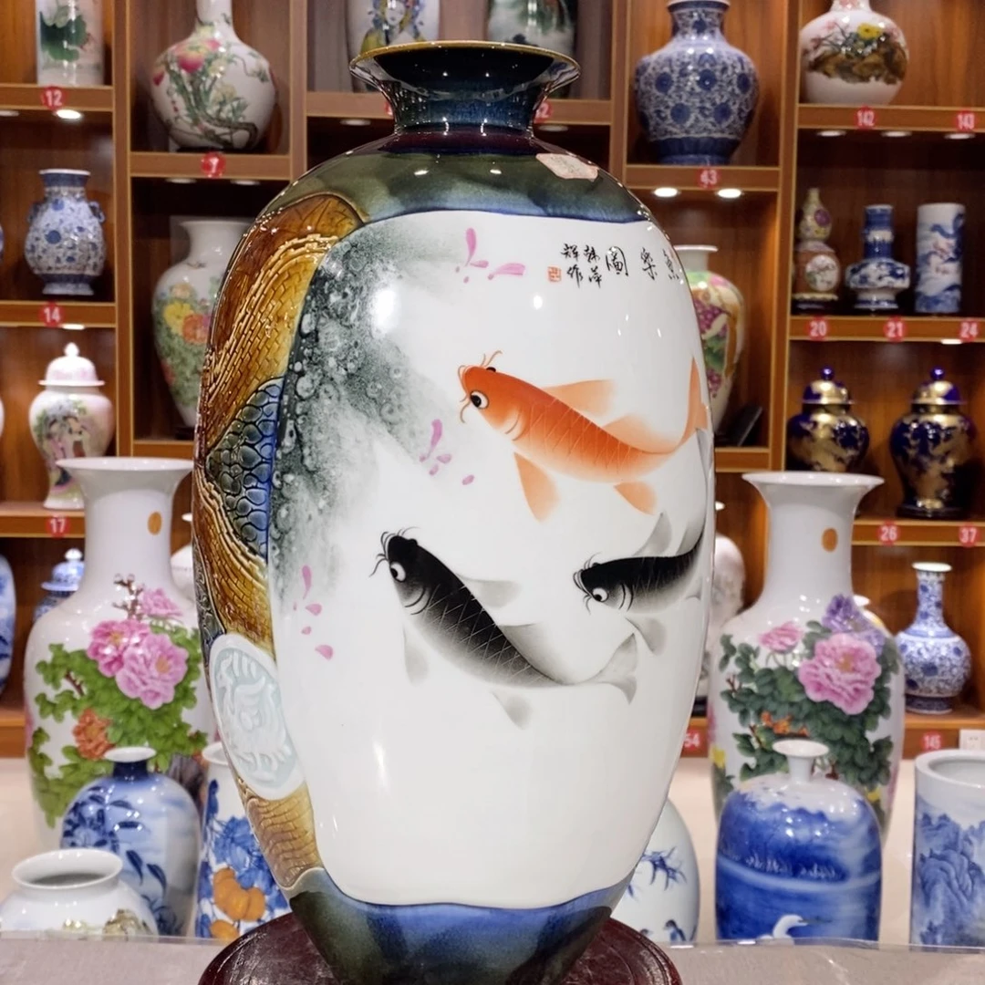 摆件陶双面开窗粉彩年年有余