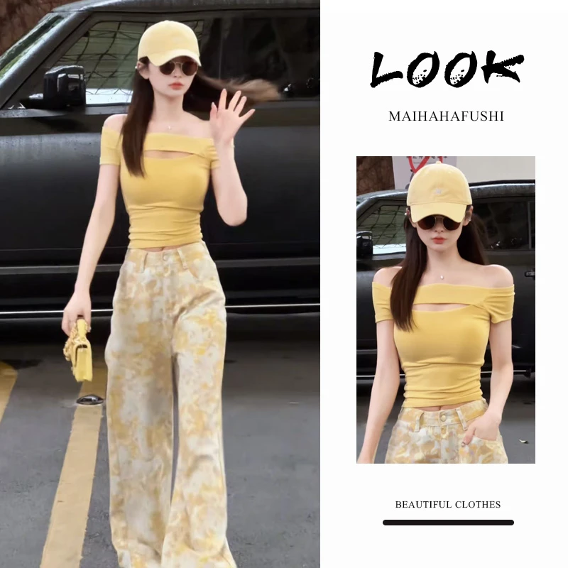 初夏一整套装女2025新款韩版性感镂空一字肩短袖高腰阔腿裤两件套