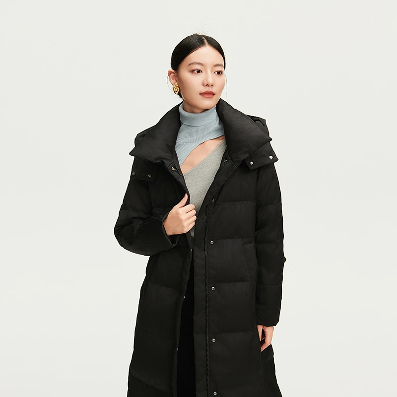 艾莱依时装运动时尚连帽中长款加厚保暖冬季黑色外套1198