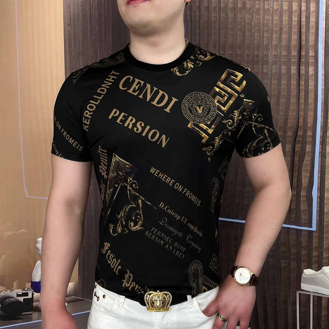 夏季半袖男士圆领印花黑金字母T恤AA休闲轻奢百搭帅气时CLY-210