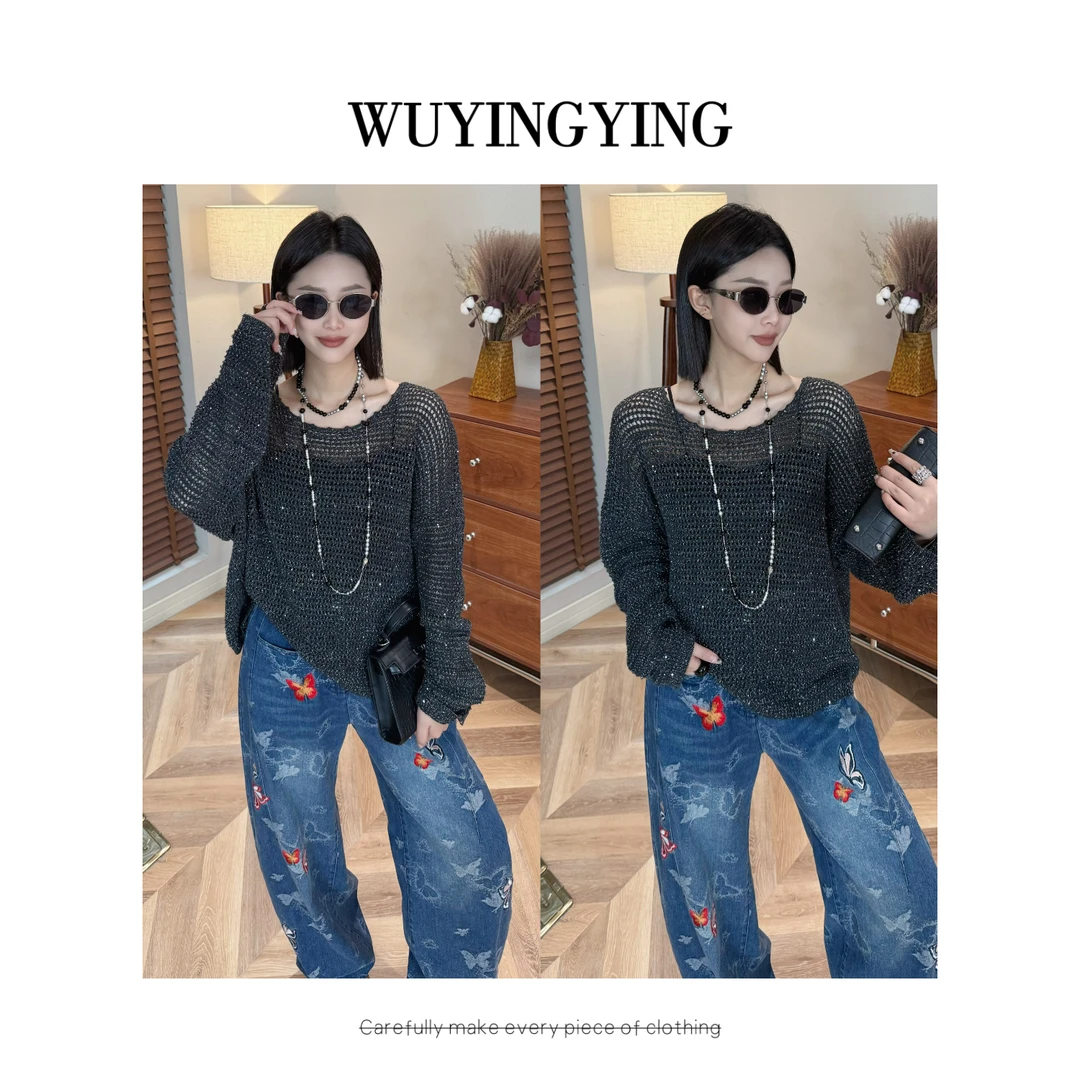 WUYINGYING【灰色世界】早秋重工镂空亮片拼接设计毛衣QYPZ250831