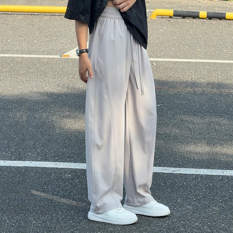 明辑线冰纱凉感冰丝裤子男夏季超薄款弯刀垂感运动宽松拖地休闲裤